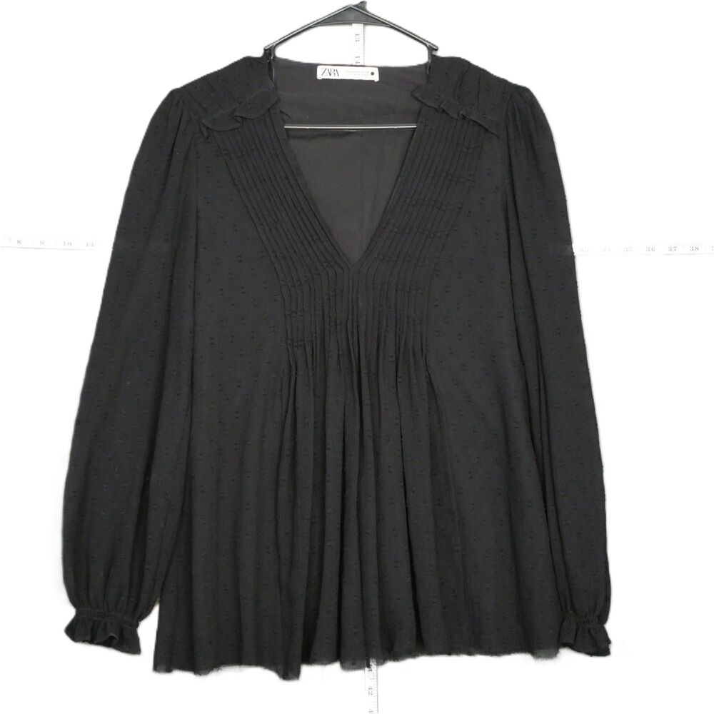 ZARA Women MED Black Double Layer Sheer Chiffon Polka Dot Blouse Frayed Hem
